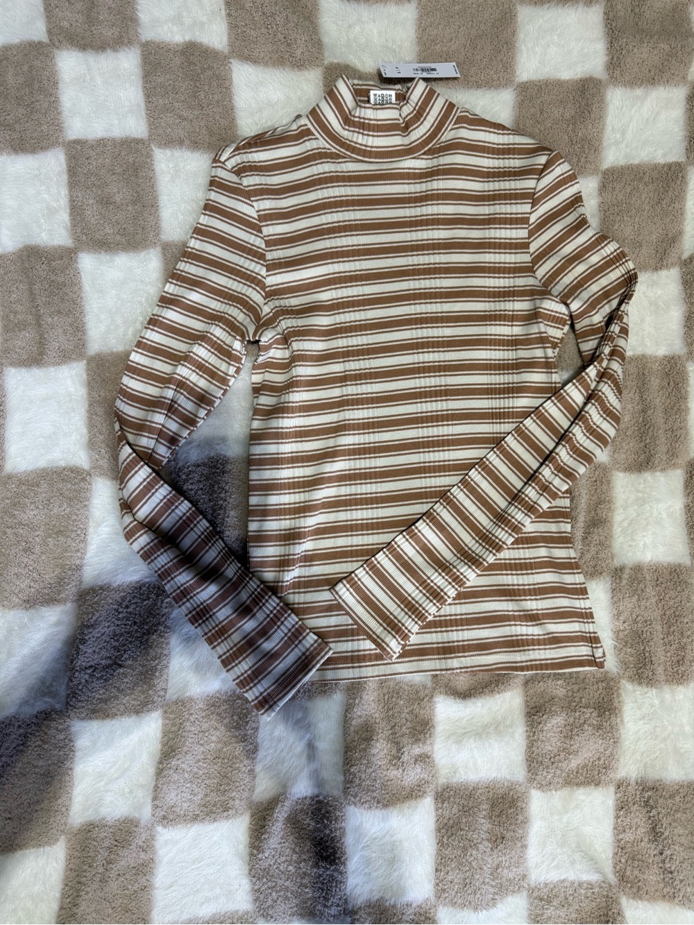 PINK Victoria's Secret Tan and White Striped Long Sleeve Mock Neck Top